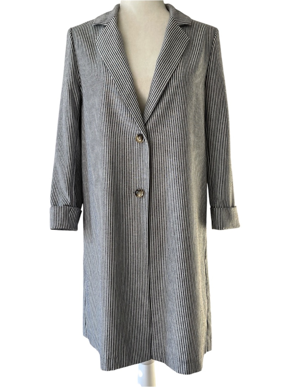 Doe & Rae Gray and White Striped Duster Long Jacket - medium